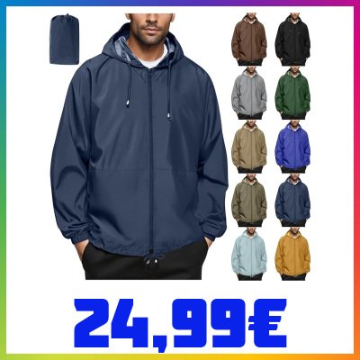 Giacca Impermeabile Uomo Antipioggia Leggera Cappuccio Giacca Vento Outdoor